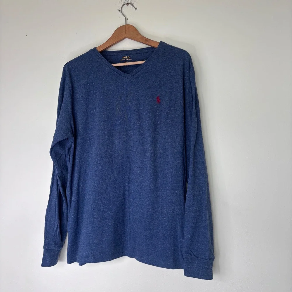 Polo Ralph Lauren Blue V Neck‎ Long Sleeve Tee Shirt Cotton Red Logo Size Large